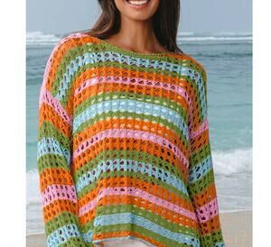 Carrot Drop Shoulder Open Knit Sweater Womens Medium Stripes Maximalist Festival